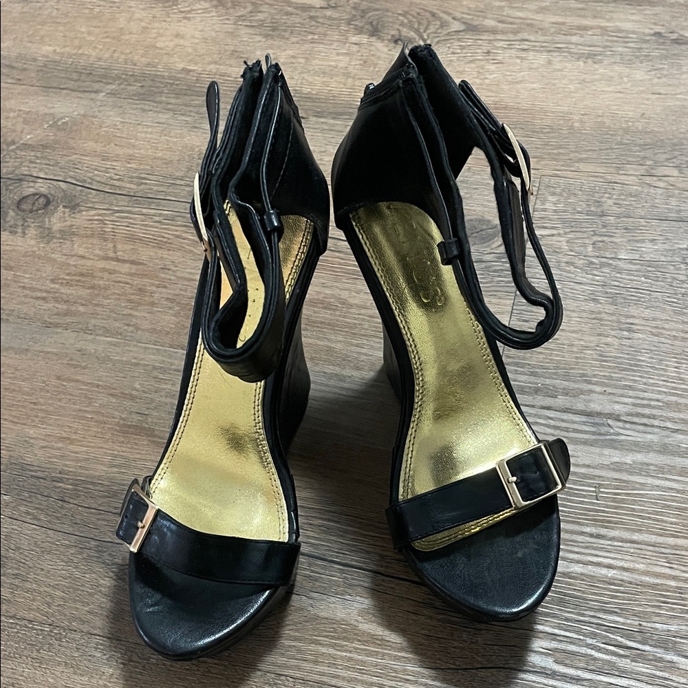 VENUS Black Strappy Ankle-Buckle Wedge Heels with Gold Insole